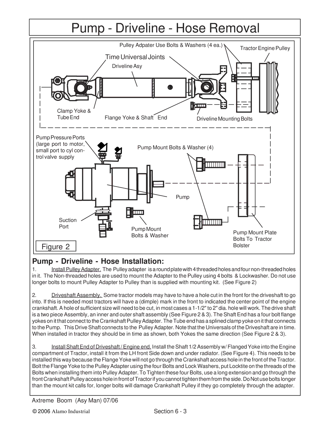 Alamo 02984405 instruction manual Pump Driveline Hose Installation 