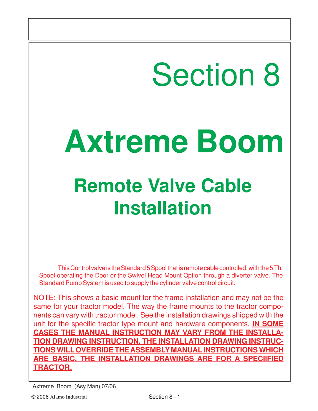 Alamo 02984405 instruction manual Remote Valve Cable Installation 