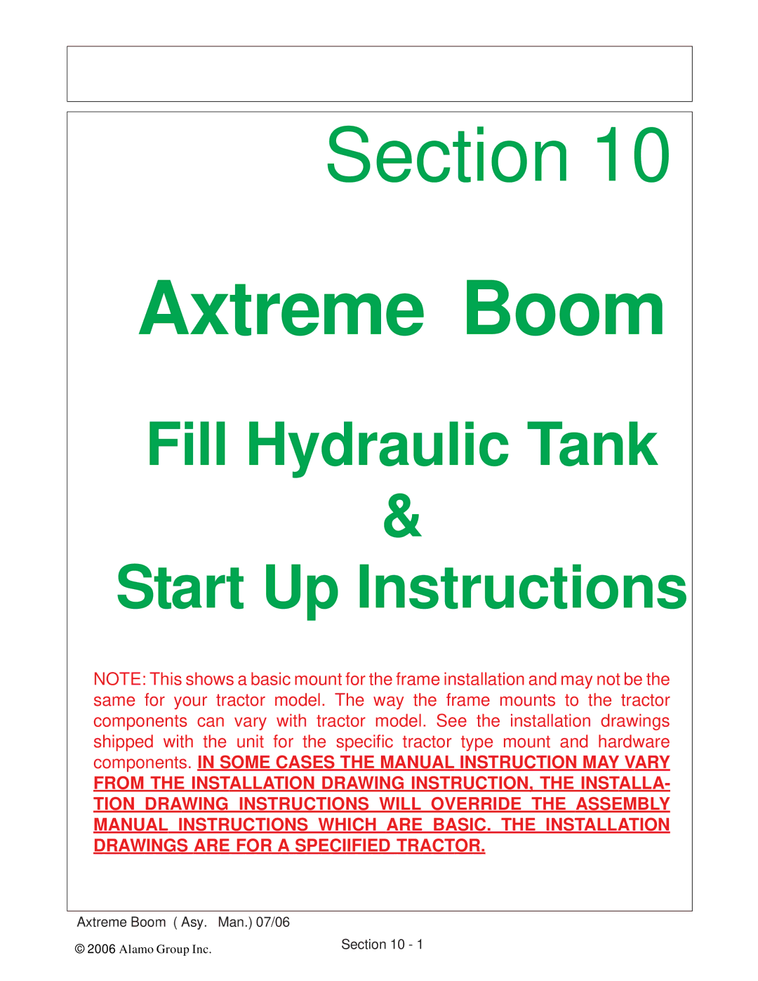 Alamo 02984405 instruction manual Fill Hydraulic Tank Start Up Instructions 