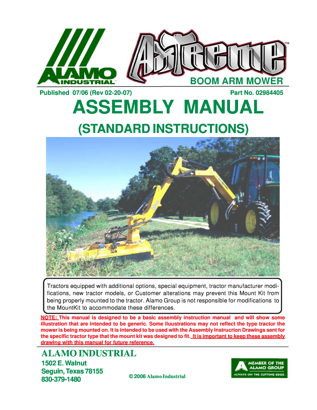 Alamo 02984405 instruction manual Assembly Manual, Standard Instructions, Boom Arm Mower, Alamo Industrial 