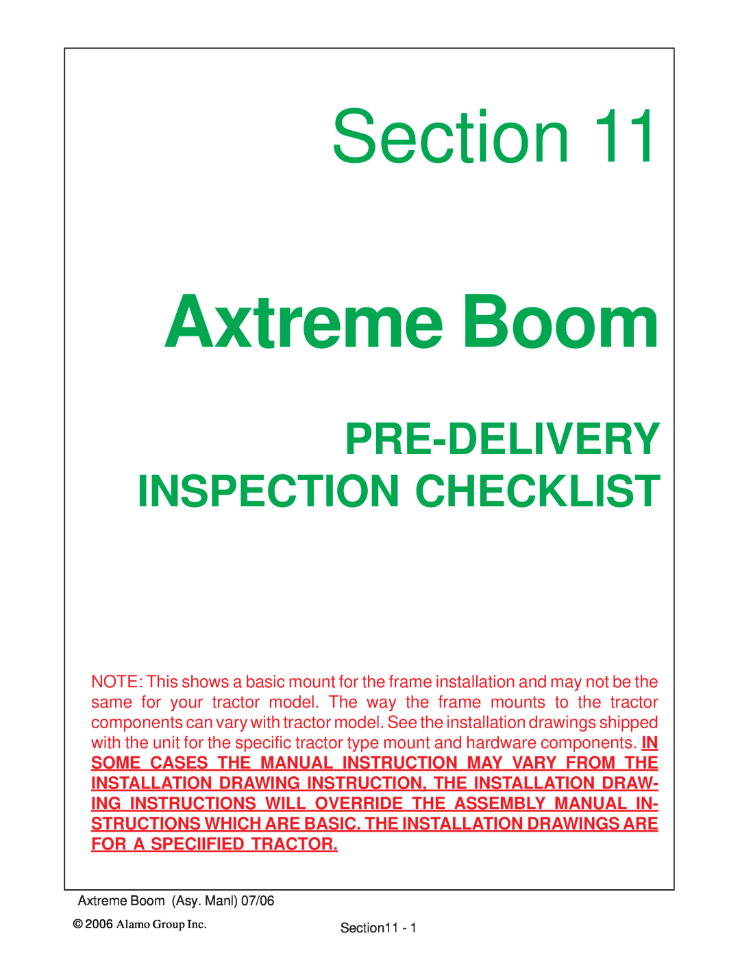 Alamo 02984405 instruction manual Section, Pre-Delivery Inspection Checklist, Axtreme Boom Asy. Manl 07/06 