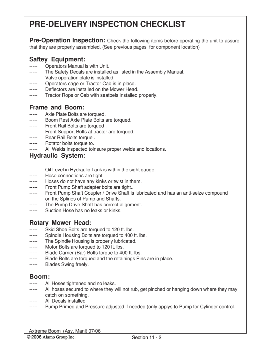 Alamo 02984405 Pre-Delivery Inspection Checklist, Saftey Equipment, Frame and Boom, Hydraulic System, Rotary Mower Head 