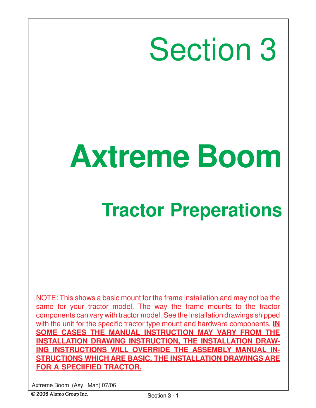 Alamo 02984405 instruction manual Tractor Preperations, Section, Axtreme Boom Asy. Man 07/06 