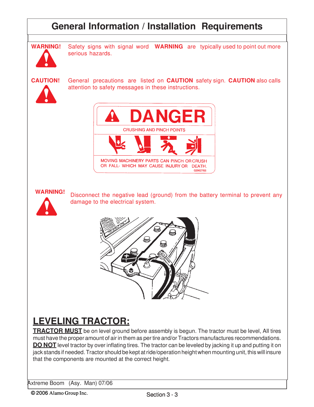 Alamo 02984405 instruction manual Leveling Tractor, General Information / Installation Requirements 
