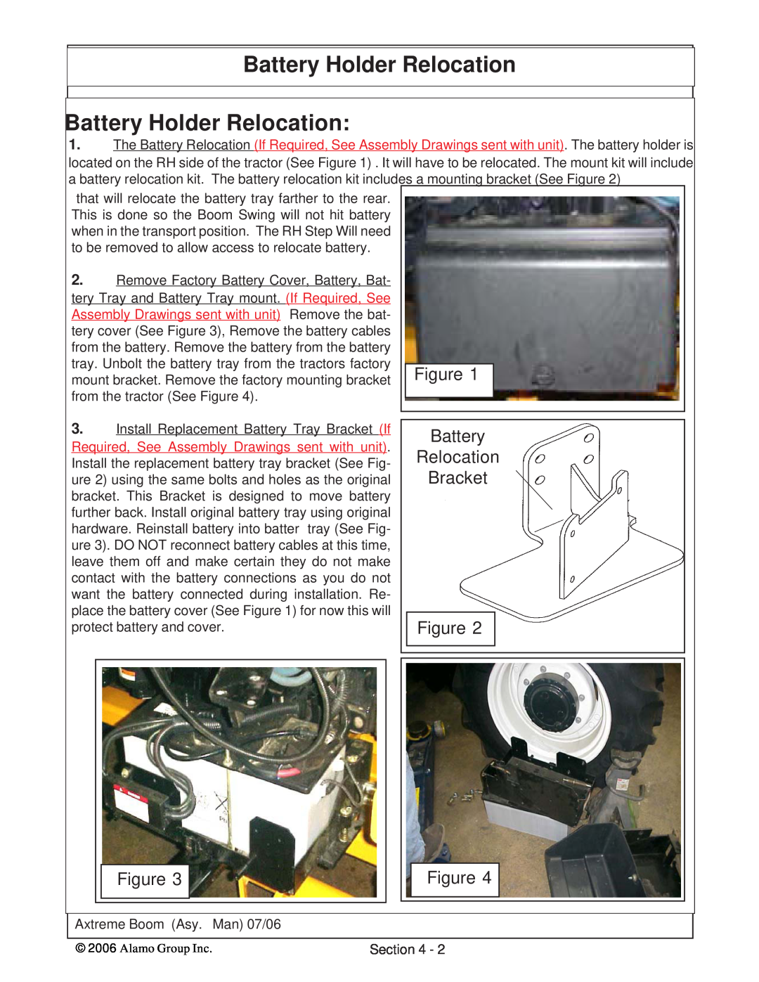 Alamo 02984405 instruction manual Battery Holder Relocation Battery Holder Relocation, Bracket 