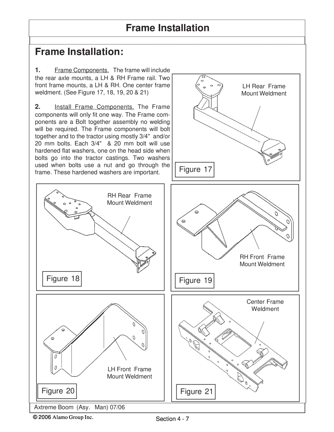 Alamo 02984405 instruction manual Frame Installation Frame Installation 
