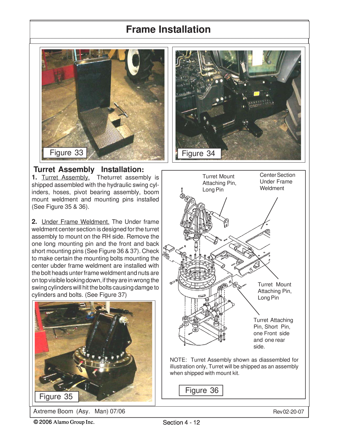 Alamo 02984405 instruction manual Turret Assembly Installation, Frame Installation 