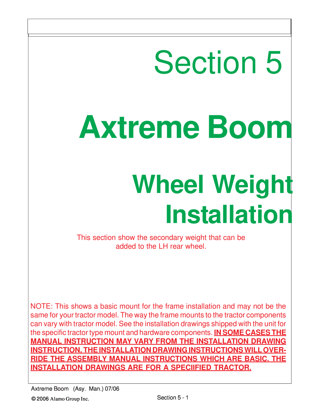 Alamo 02984405 Wheel Weight Installation, Section, Axtreme Boom, This section show the secondary weight that can be 