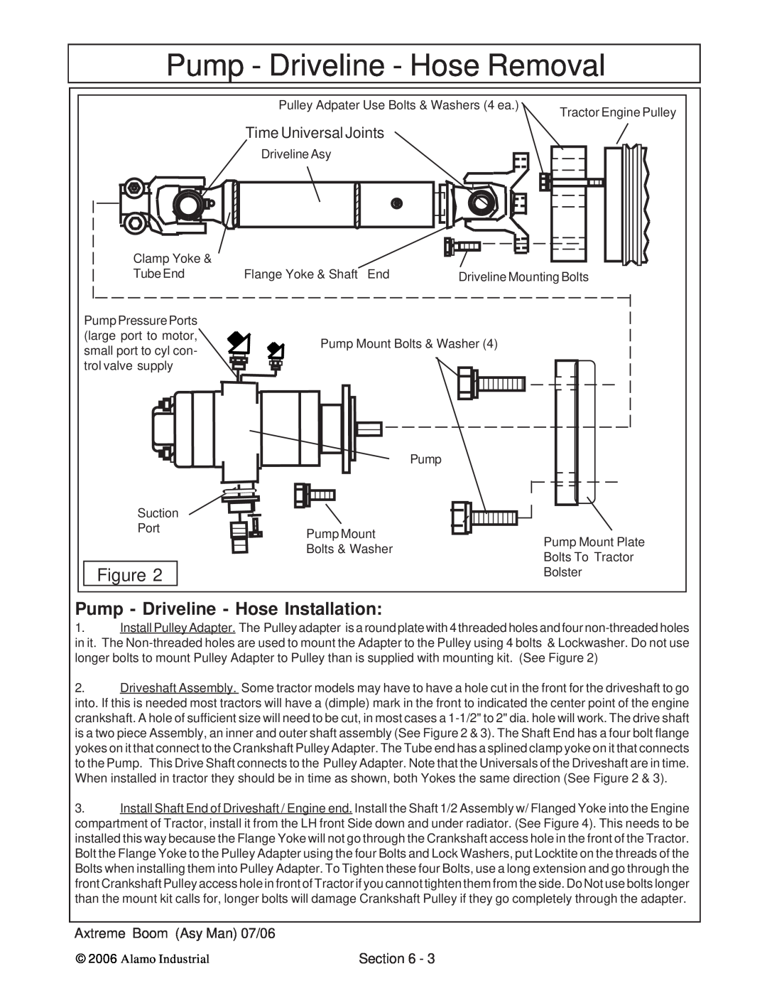 Alamo 02984405 instruction manual Pump - Driveline - Hose Installation, 23456, Pump - Driveline - Hose Removal, Section 