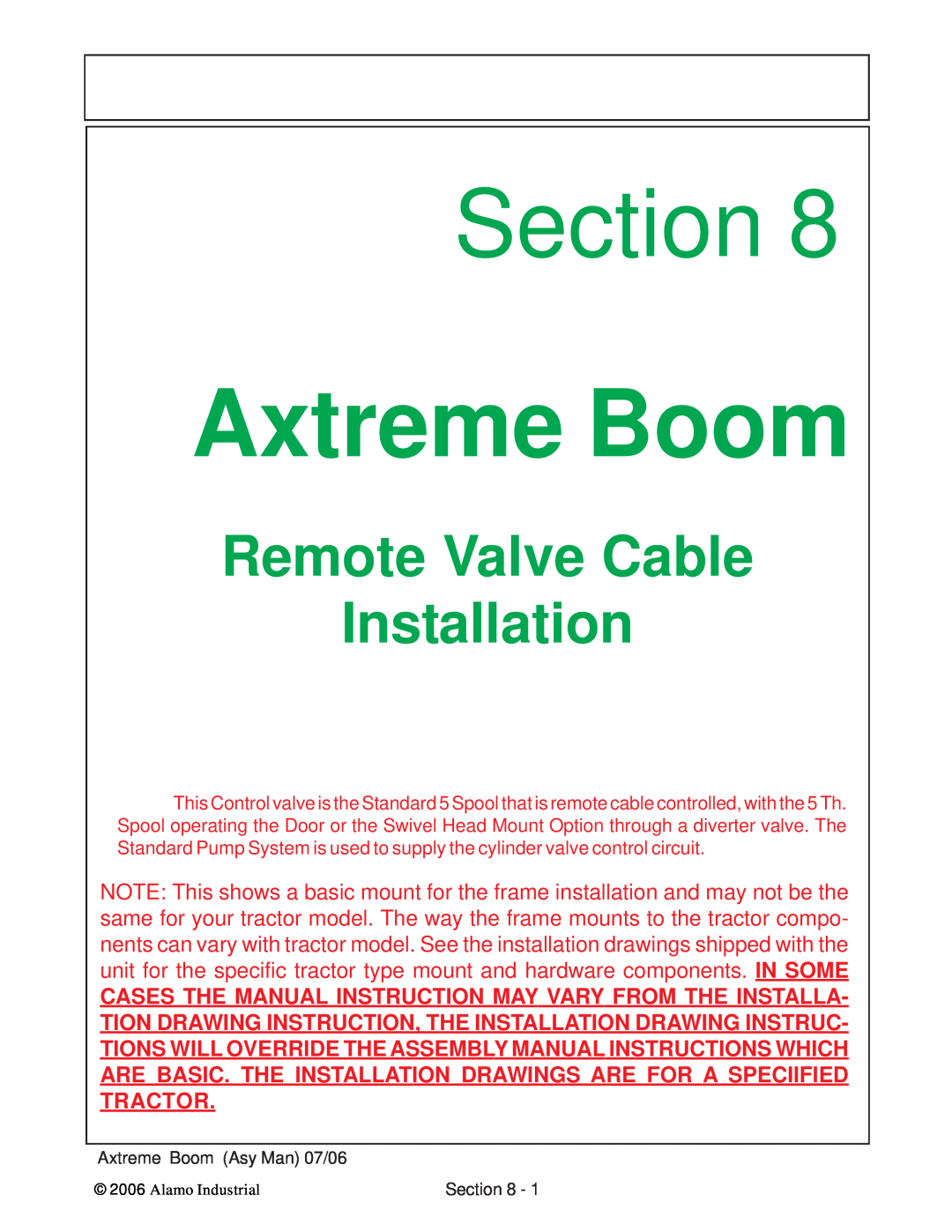 Alamo 02984405 instruction manual Remote Valve Cable Installation, Section, Axtreme Boom 