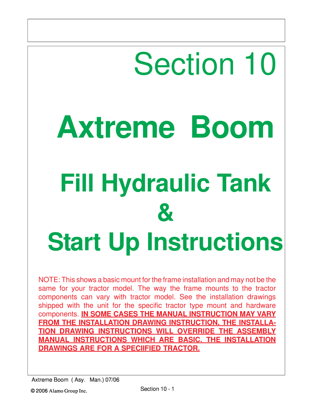 Alamo 02984405 instruction manual Fill Hydraulic Tank, Start Up Instructions, Section, Axtreme Boom Asy. Man. 07/06 