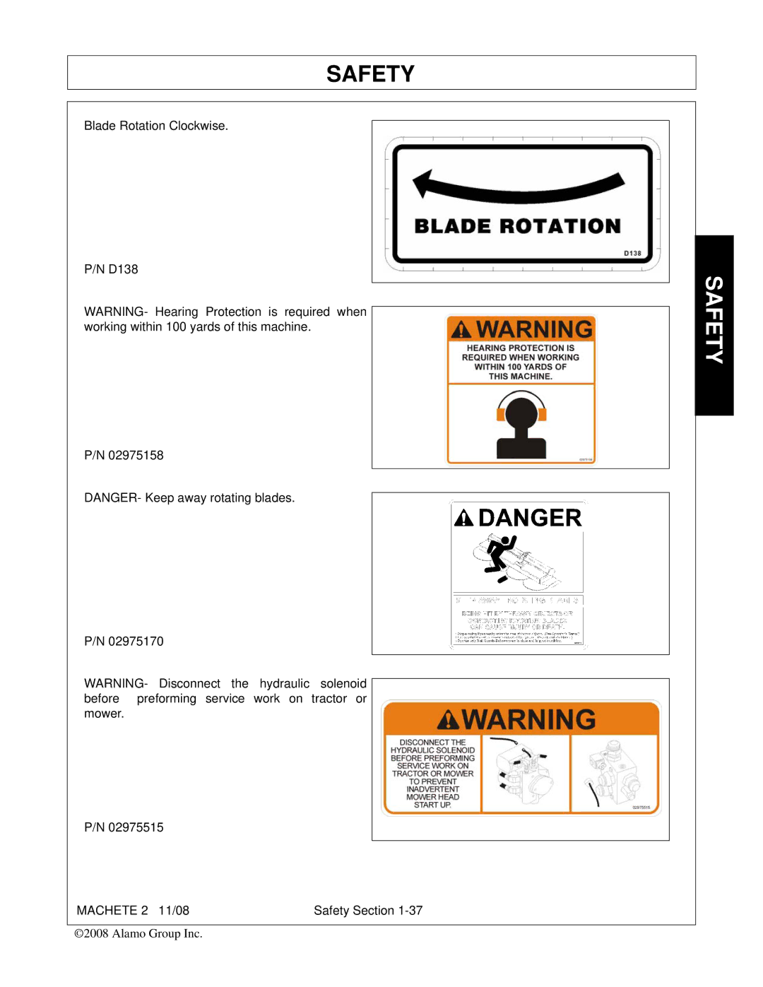 Alamo 02986941C manual Blade Rotation Clockwise D138 Machete 2 11/08 Safety Section 