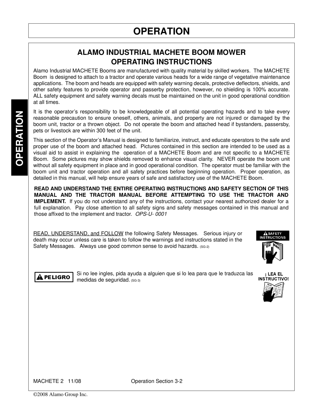 Alamo 02986941C manual Operation, Alamo Industrial Machete Boom Mower Operating Instructions 