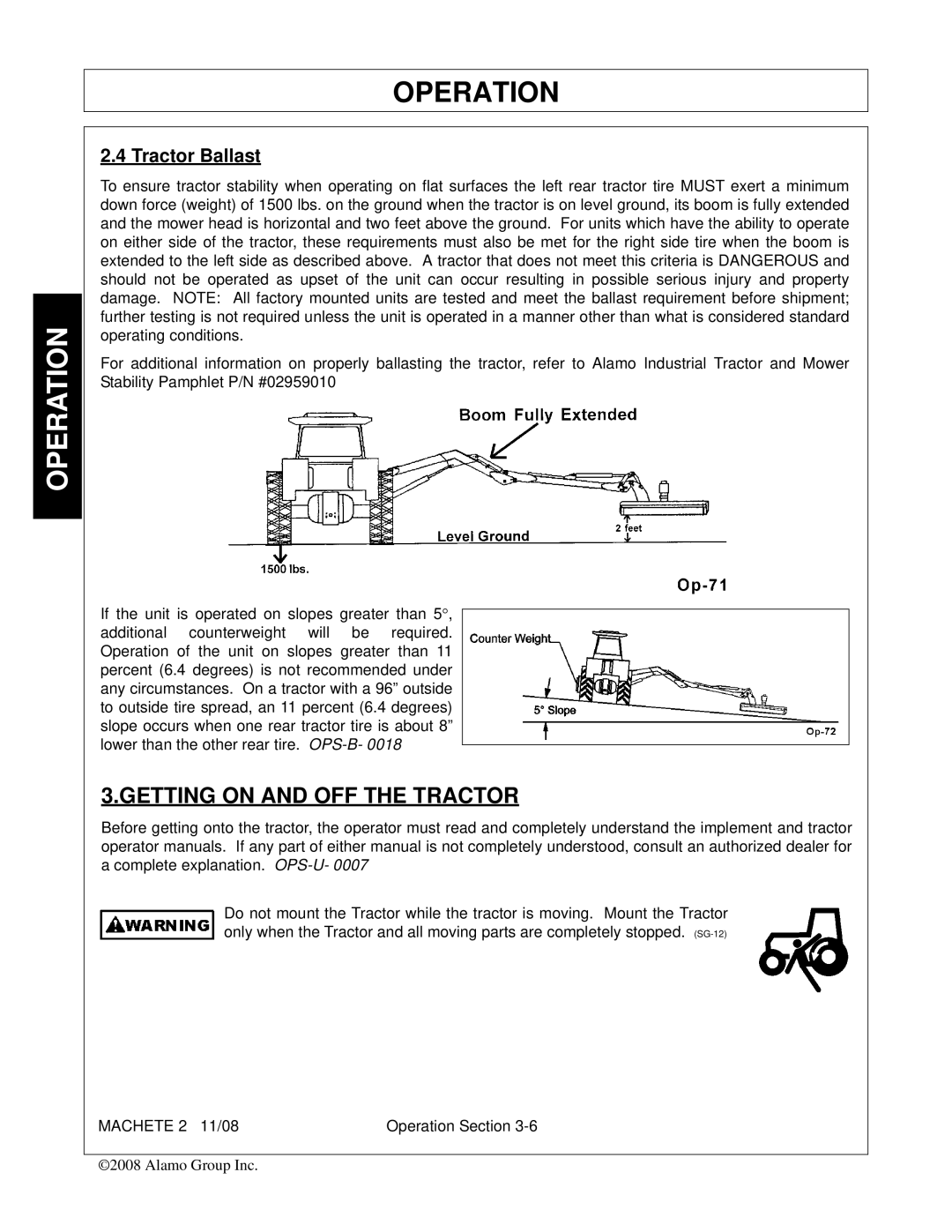 Alamo 02986941C manual Getting on and OFF the Tractor, Tractor Ballast 