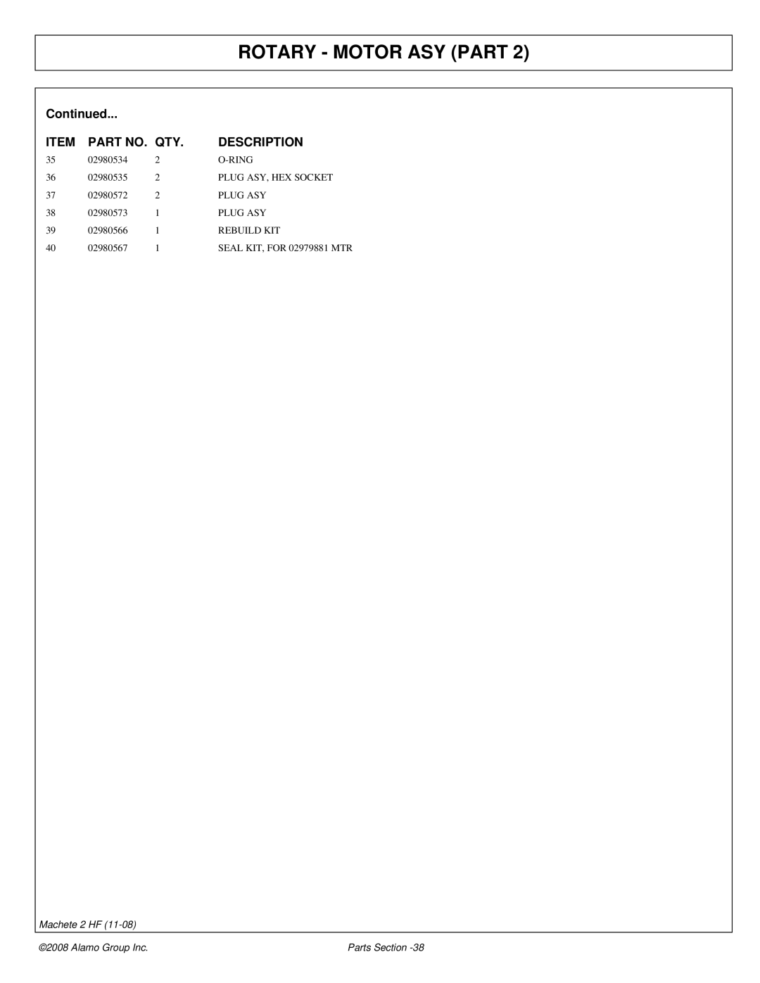 Alamo 02986941P manual Plug ASY, HEX Socket, Rebuild KIT 