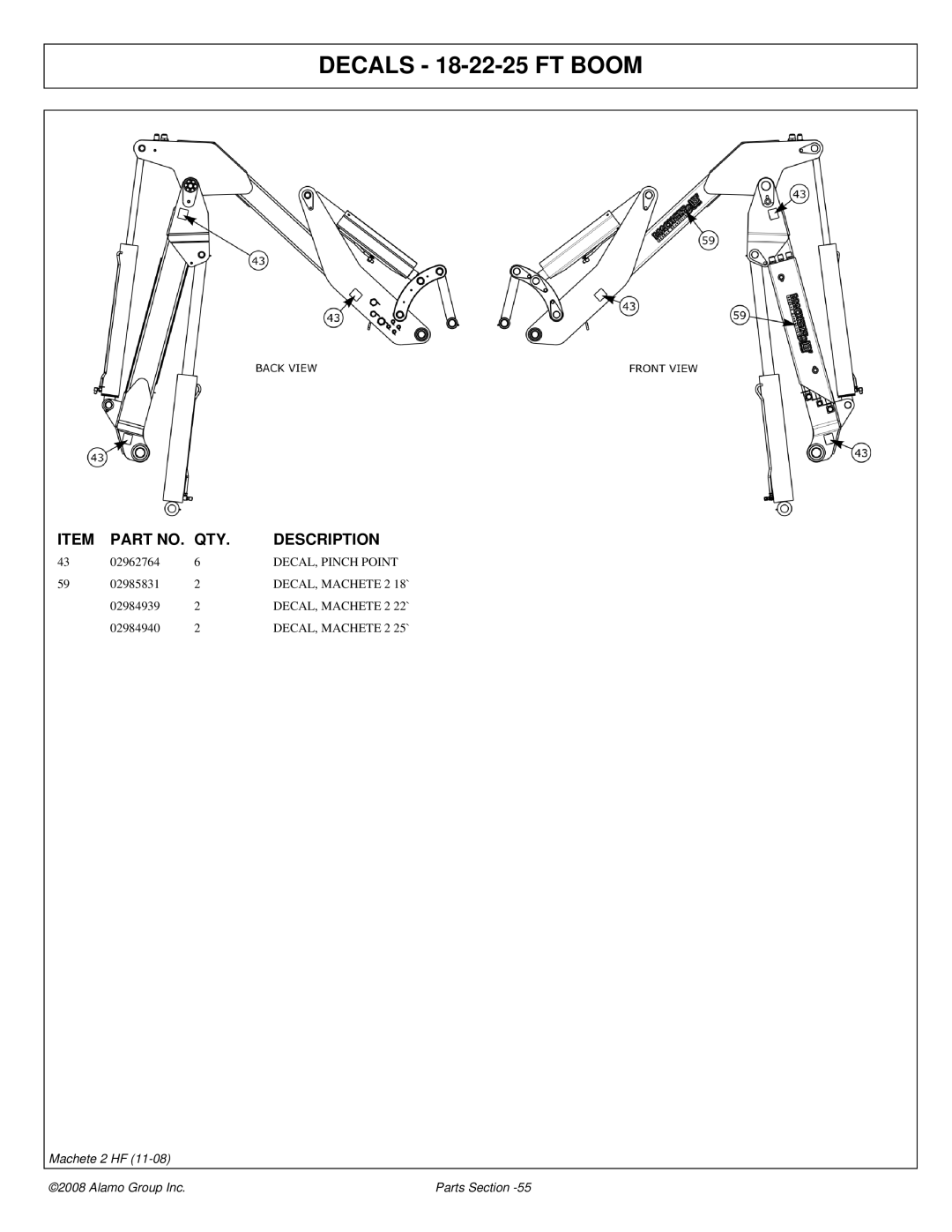 Alamo 02986941P manual Decals 18-22-25 FT Boom, DECAL, Pinch Point 