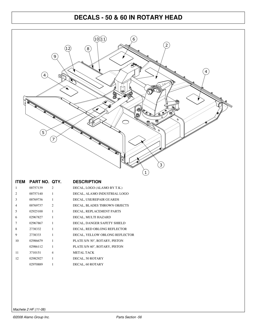 Alamo 02986941P manual Decals 50 & 60 in Rotary Head 