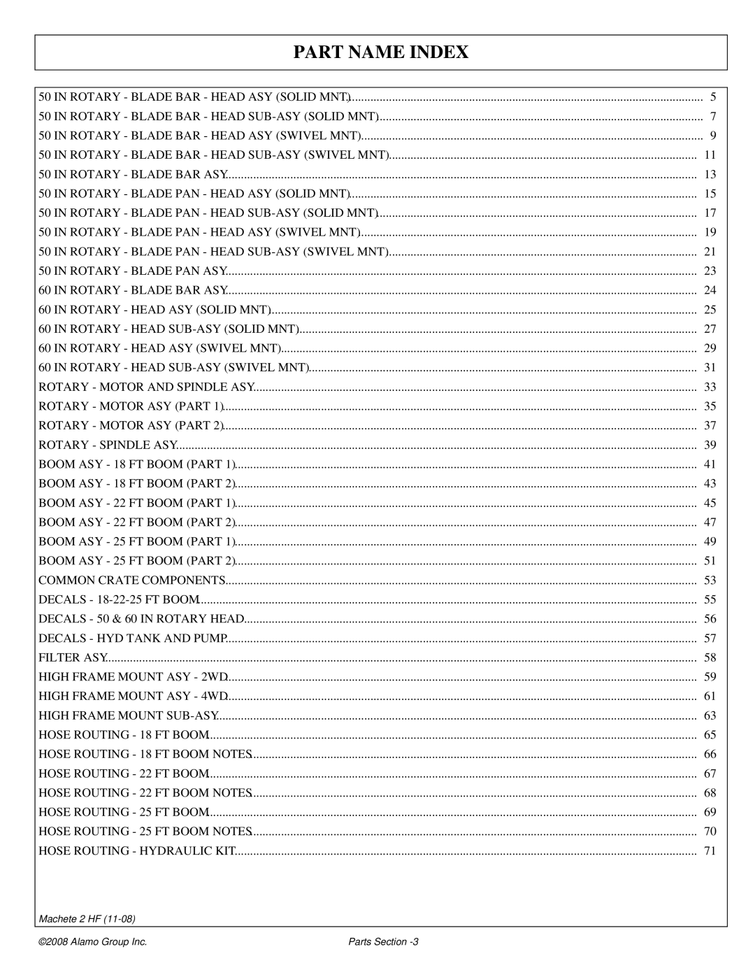 Alamo 02986941P manual Part Name Index 