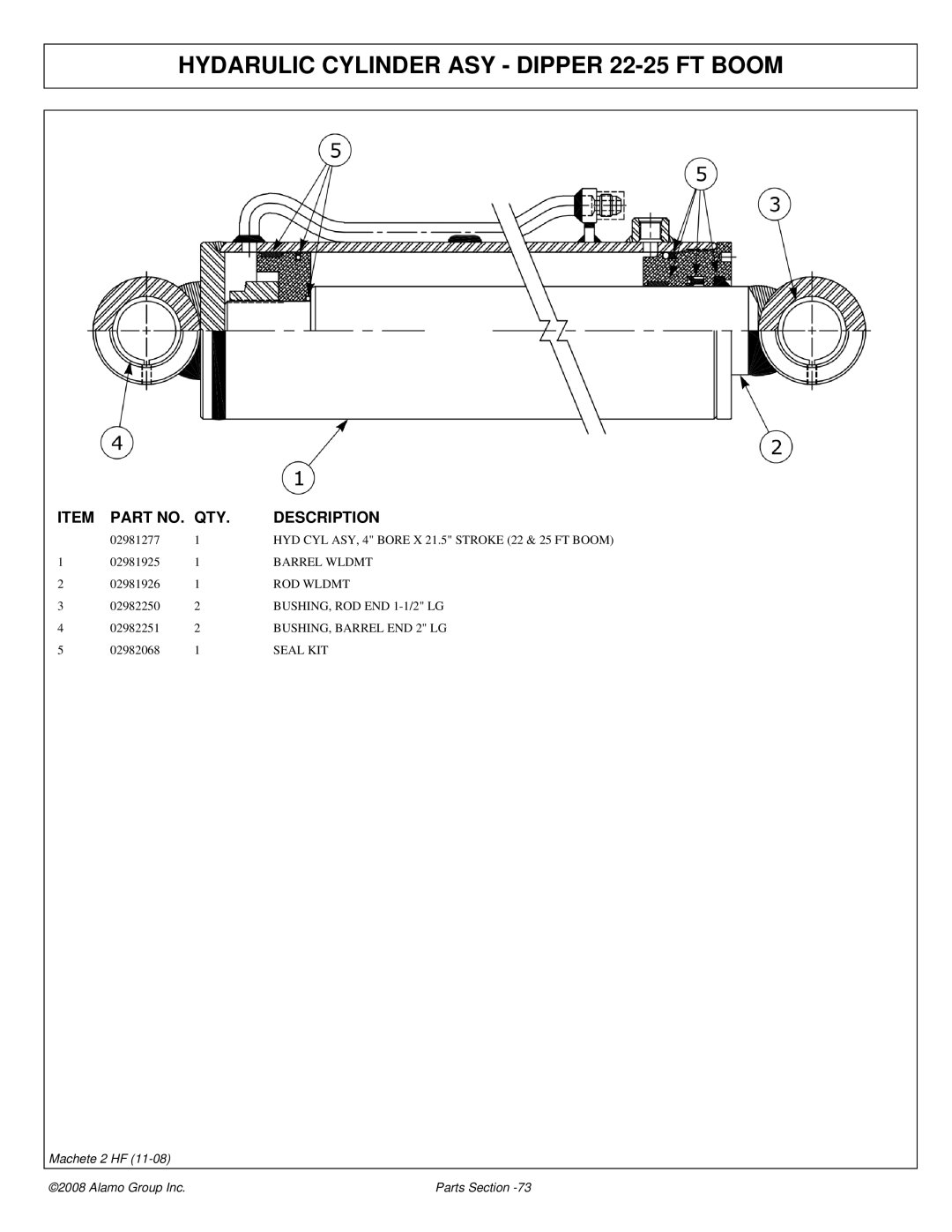 Alamo 02986941P manual Hydarulic Cylinder ASY Dipper 22-25 FT Boom 