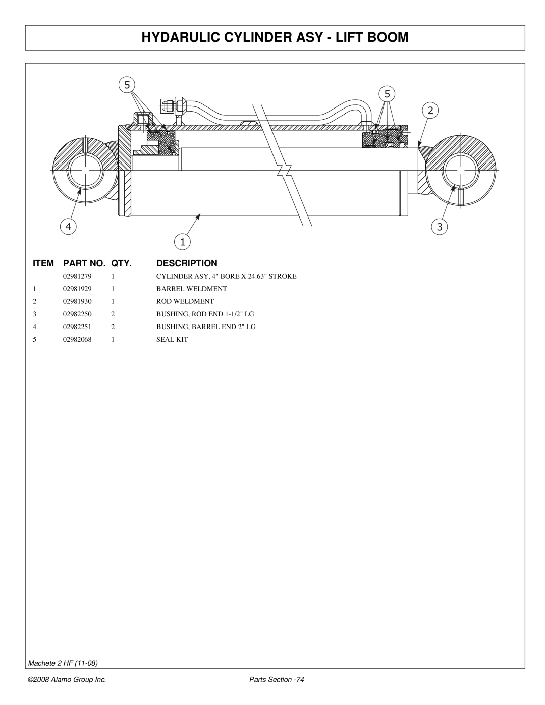 Alamo 02986941P manual Hydarulic Cylinder ASY Lift Boom, Barrel Weldment, ROD Weldment 