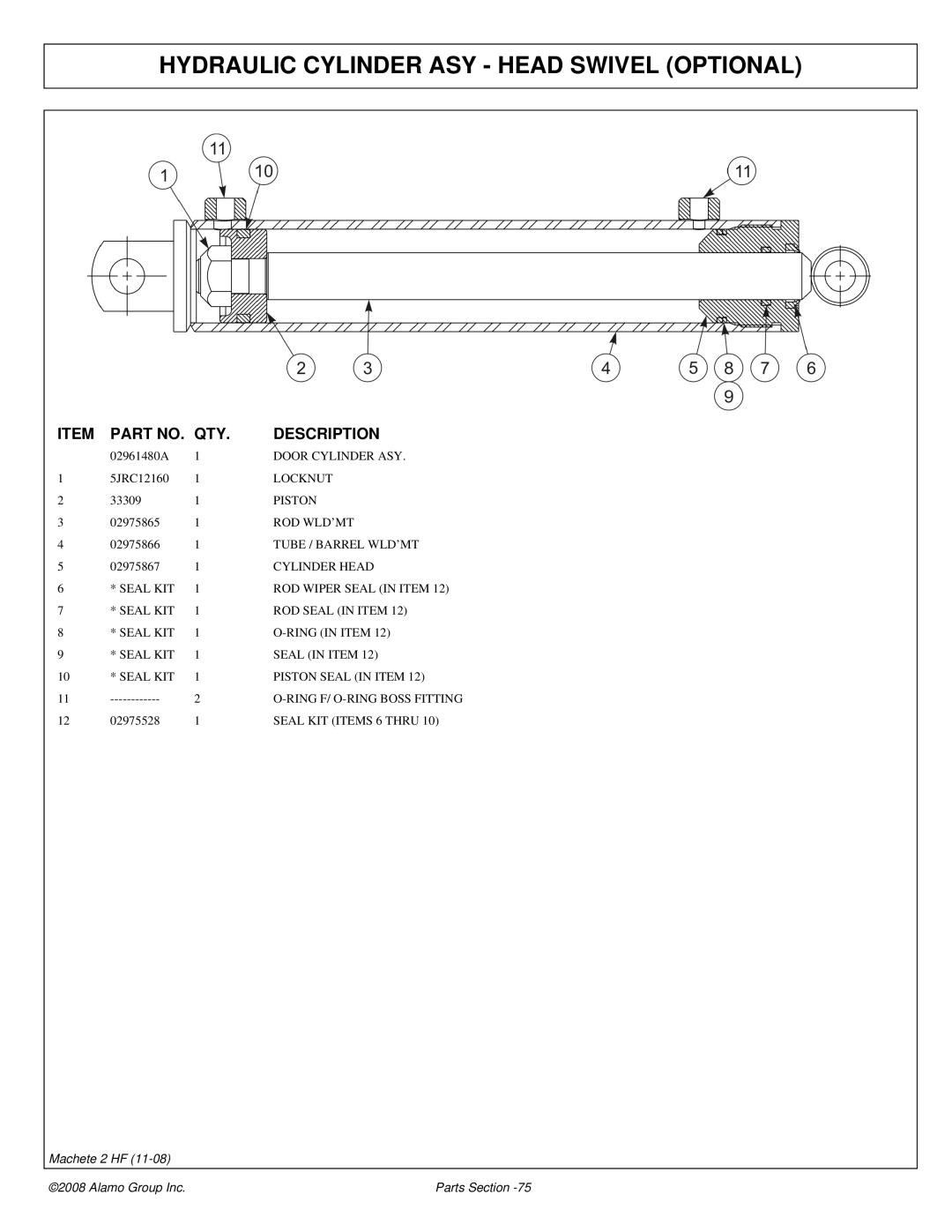 Alamo 02986941P manual Hydraulic Cylinder ASY Head Swivel Optional 