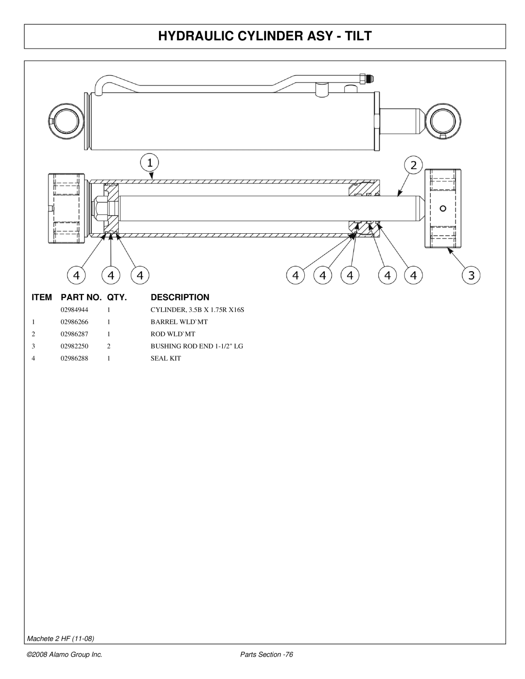 Alamo 02986941P manual Hydraulic Cylinder ASY Tilt, Barrel WLD`MT, Rod Wld`Mt 