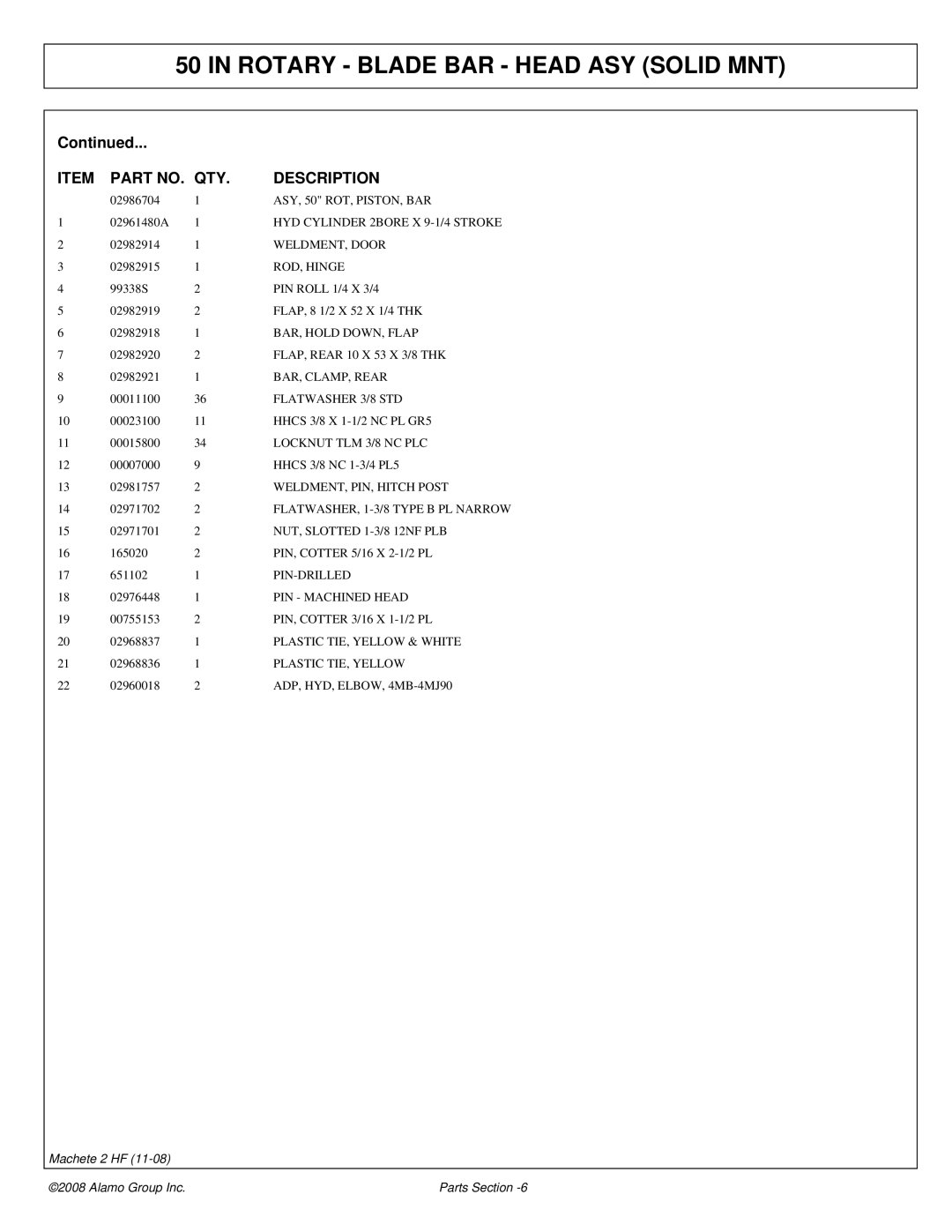 Alamo 02986941P ASY, 50 ROT, PISTON, BAR, WELDMENT, Door, ROD, Hinge, BAR, Hold DOWN, Flap, BAR, CLAMP, Rear, Pin-Drilled 