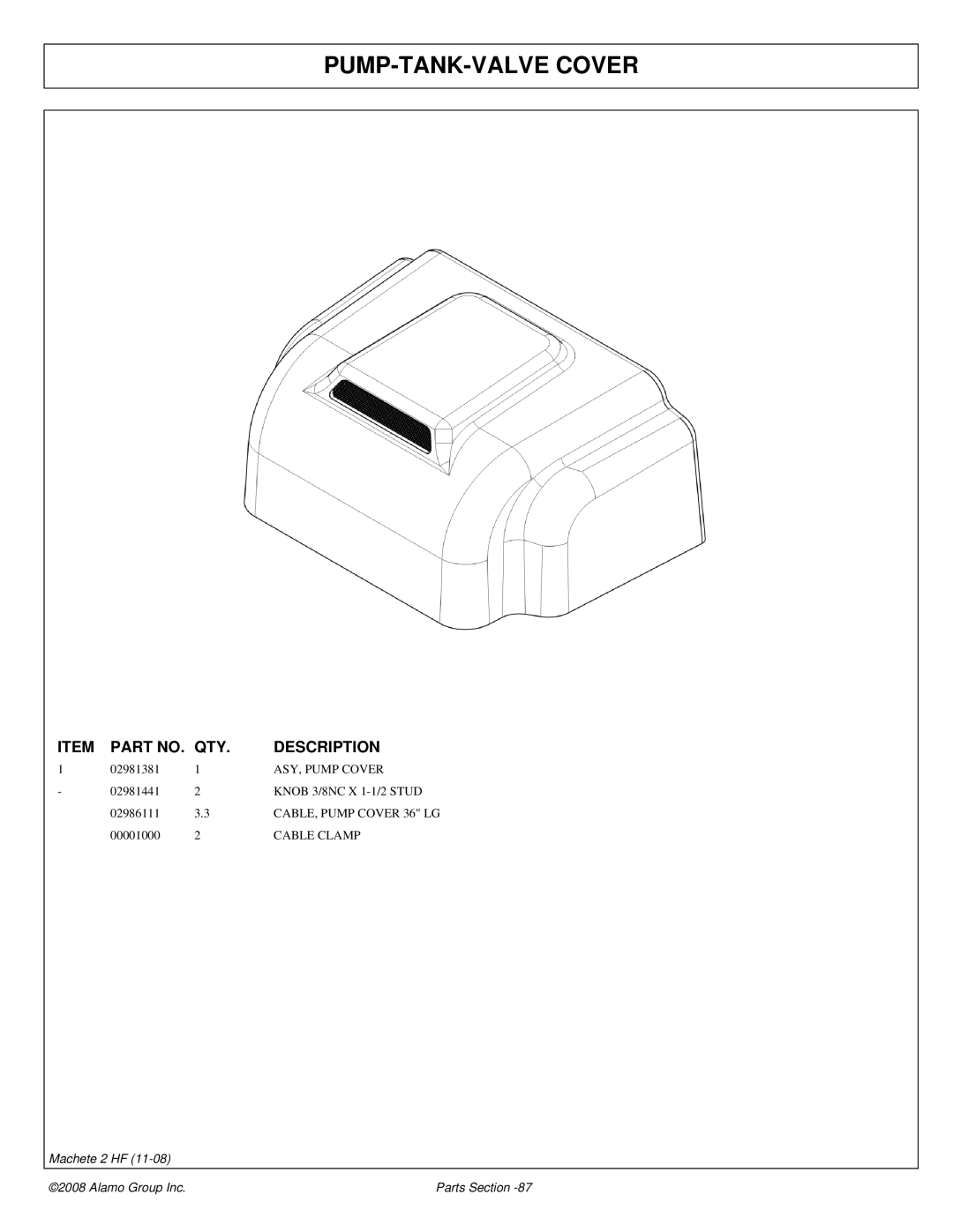 Alamo 02986941P manual PUMP-TANK-VALVE Cover, Cable Clamp 