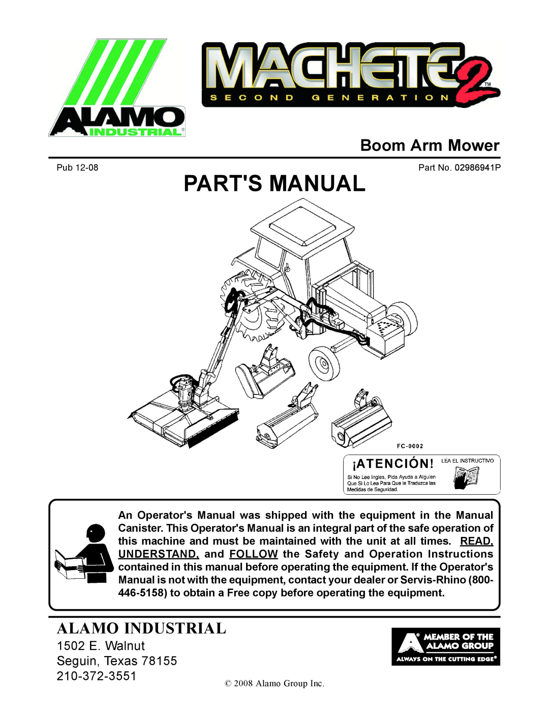Alamo 02986941P manual Boom Arm Mower, Alamo Industrial, 1502 E. Walnut Seguin, Texas 78155, Parts Manual 