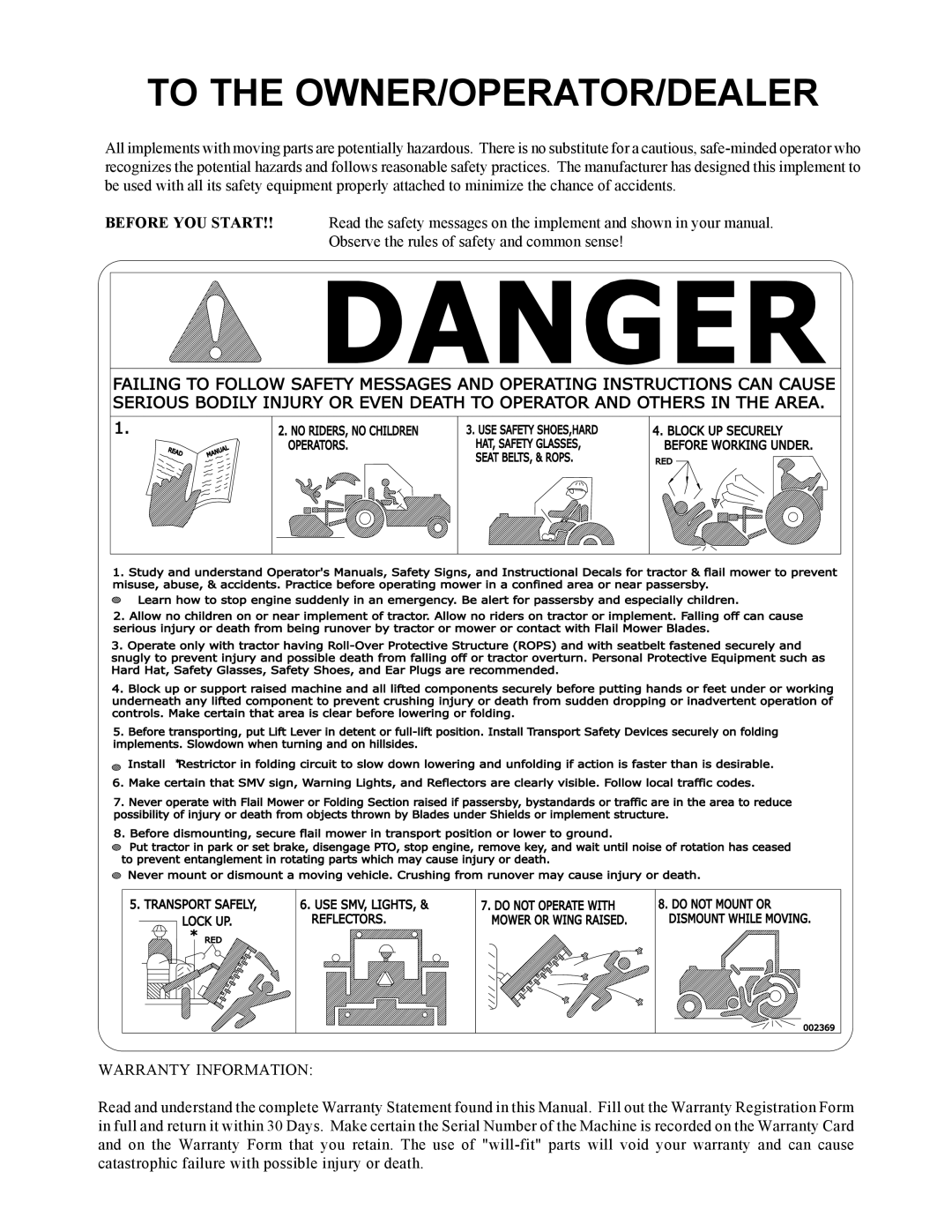 Alamo 02986941P manual Danger, To The Owner/Operator/Dealer 