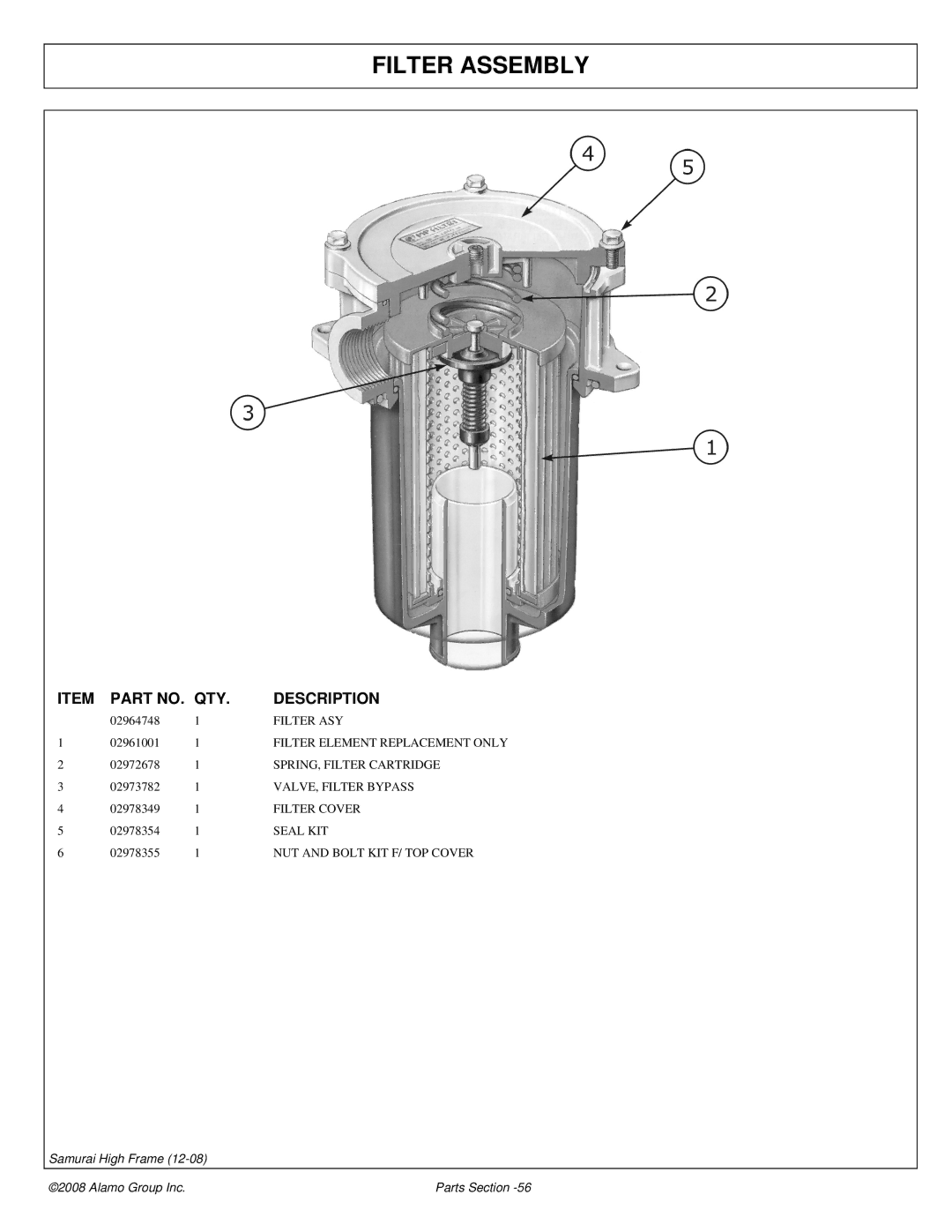 Alamo 02986950P manual Filter Assembly 