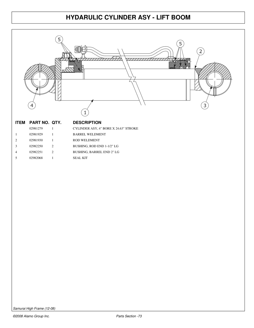 Alamo 02986950P manual Hydarulic Cylinder ASY Lift Boom 