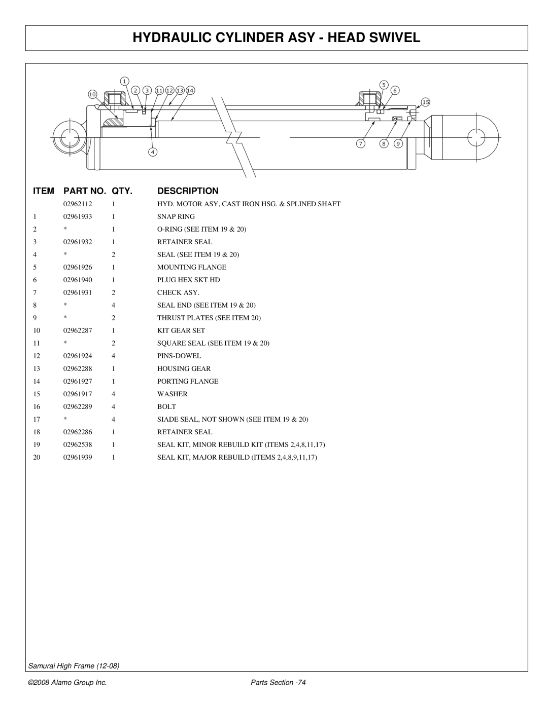 Alamo 02986950P manual Hydraulic Cylinder ASY Head Swivel 