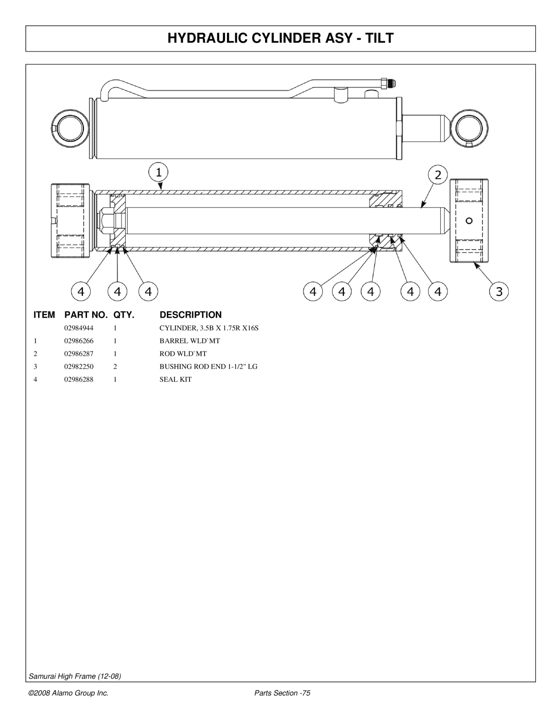 Alamo 02986950P manual Hydraulic Cylinder ASY Tilt 