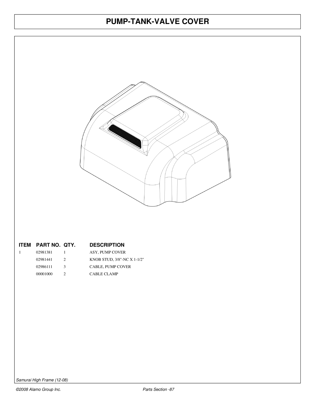 Alamo 02986950P manual PUMP-TANK-VALVE Cover 