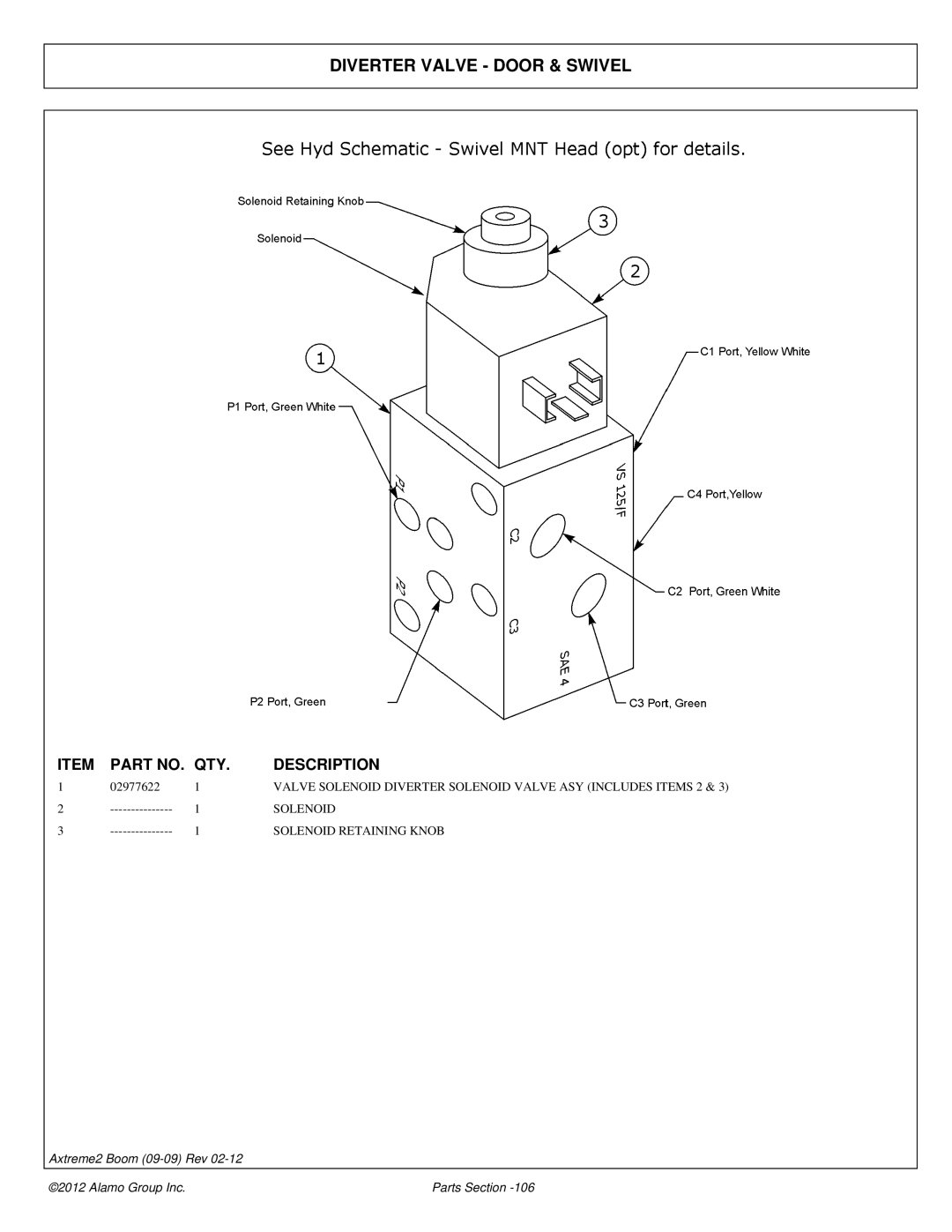 Alamo 02988075P manual Diverter Valve Door & Swivel, Solenoid Retaining Knob 