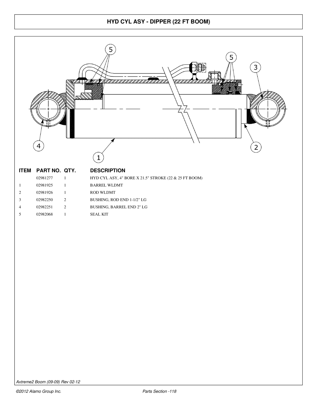 Alamo 02988075P manual HYD CYL ASY Dipper 22 FT Boom, Barrel Wldmt, BUSHING, ROD END 1-1/2 LG, BUSHING, Barrel END 2 LG 