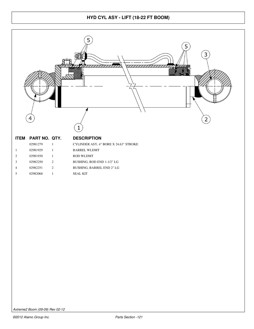 Alamo 02988075P manual HYD CYL ASY Lift 18-22 FT Boom, BUSHING, ROD END 1-1/2 LG 