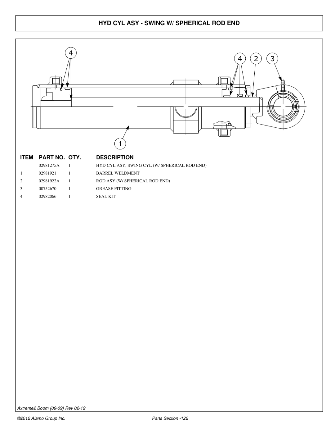 Alamo 02988075P HYD CYL ASY Swing W/ Spherical ROD END, Barrel Weldment, ROD ASY W/ Spherical ROD END, Grease Fitting 