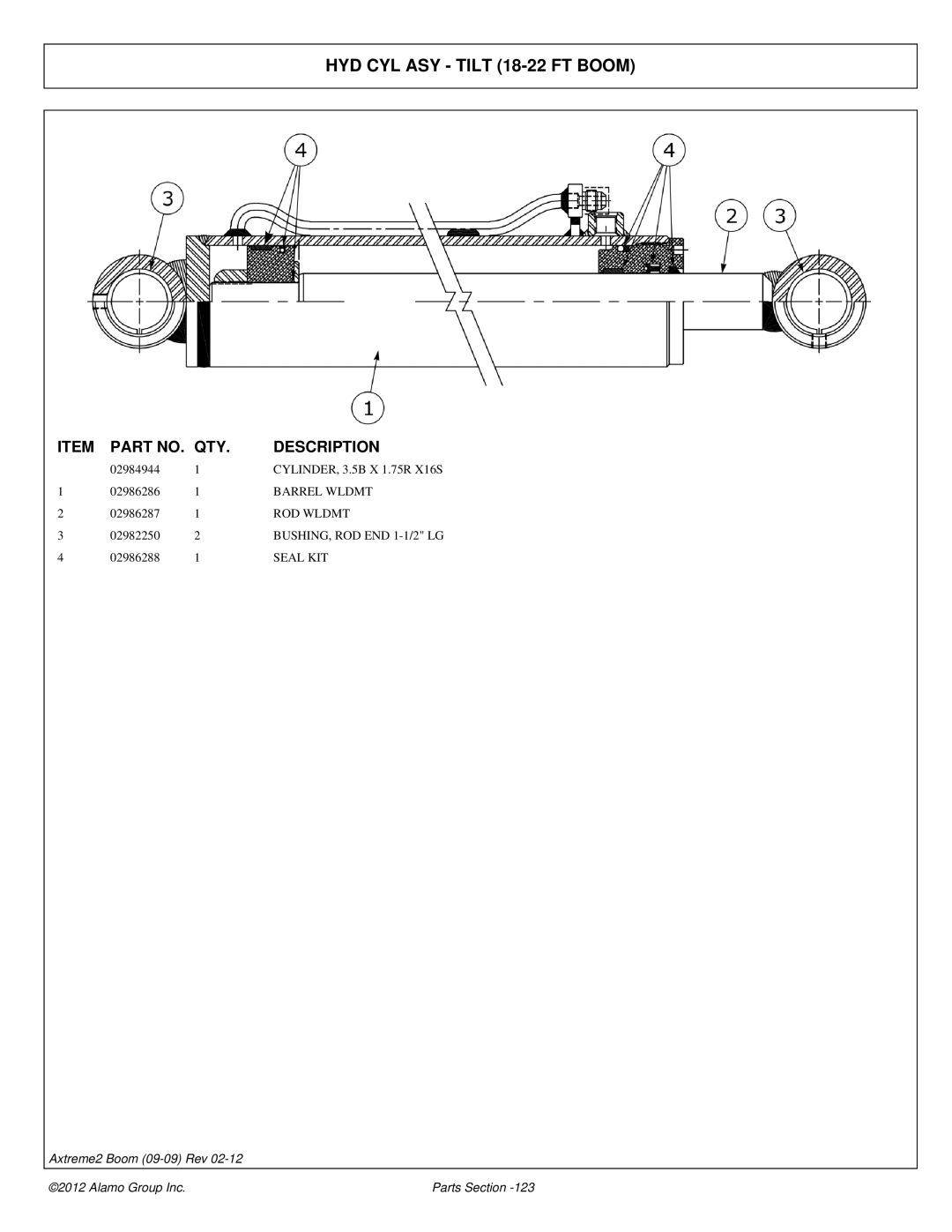 Alamo 02988075P manual HYD CYL ASY Tilt 18-22 FT Boom 