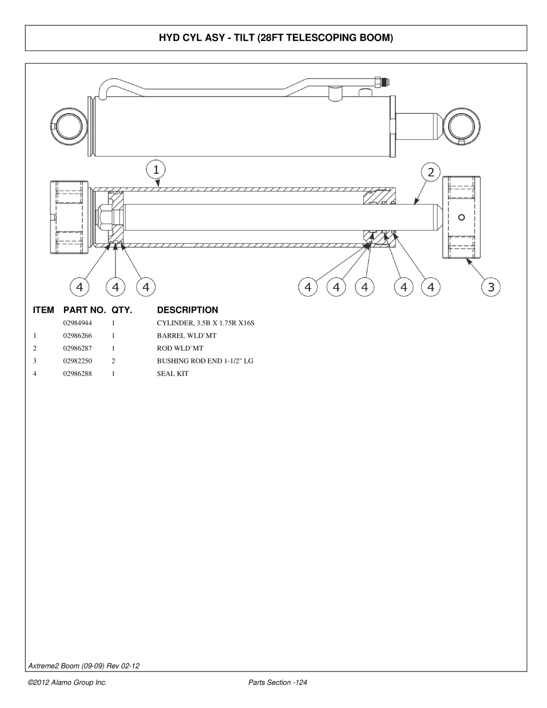 Alamo 02988075P manual HYD CYL ASY Tilt 28FT Telescoping Boom, Barrel WLD`MT, Rod Wld`Mt 