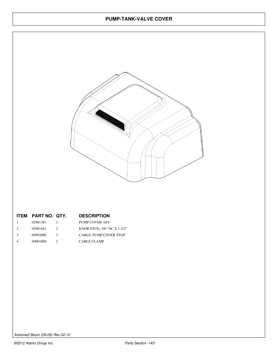 Alamo 02988075P manual PUMP-TANK-VALVE Cover, Pump Cover ASY, Cable Clamp 