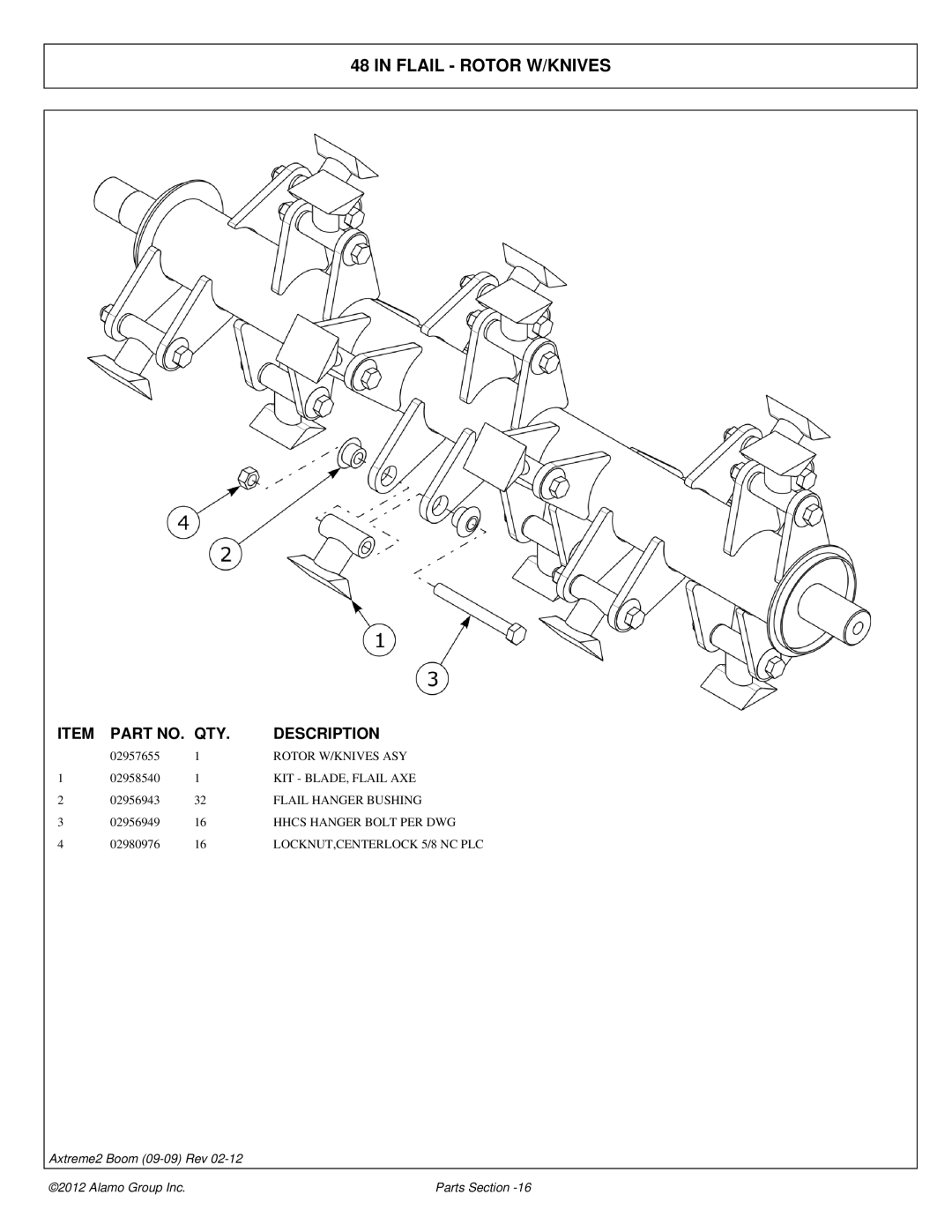 Alamo 02988075P manual Flail Rotor W/KNIVES, Rotor W/KNIVES ASY, KIT BLADE, Flail AXE, Flail Hanger Bushing 