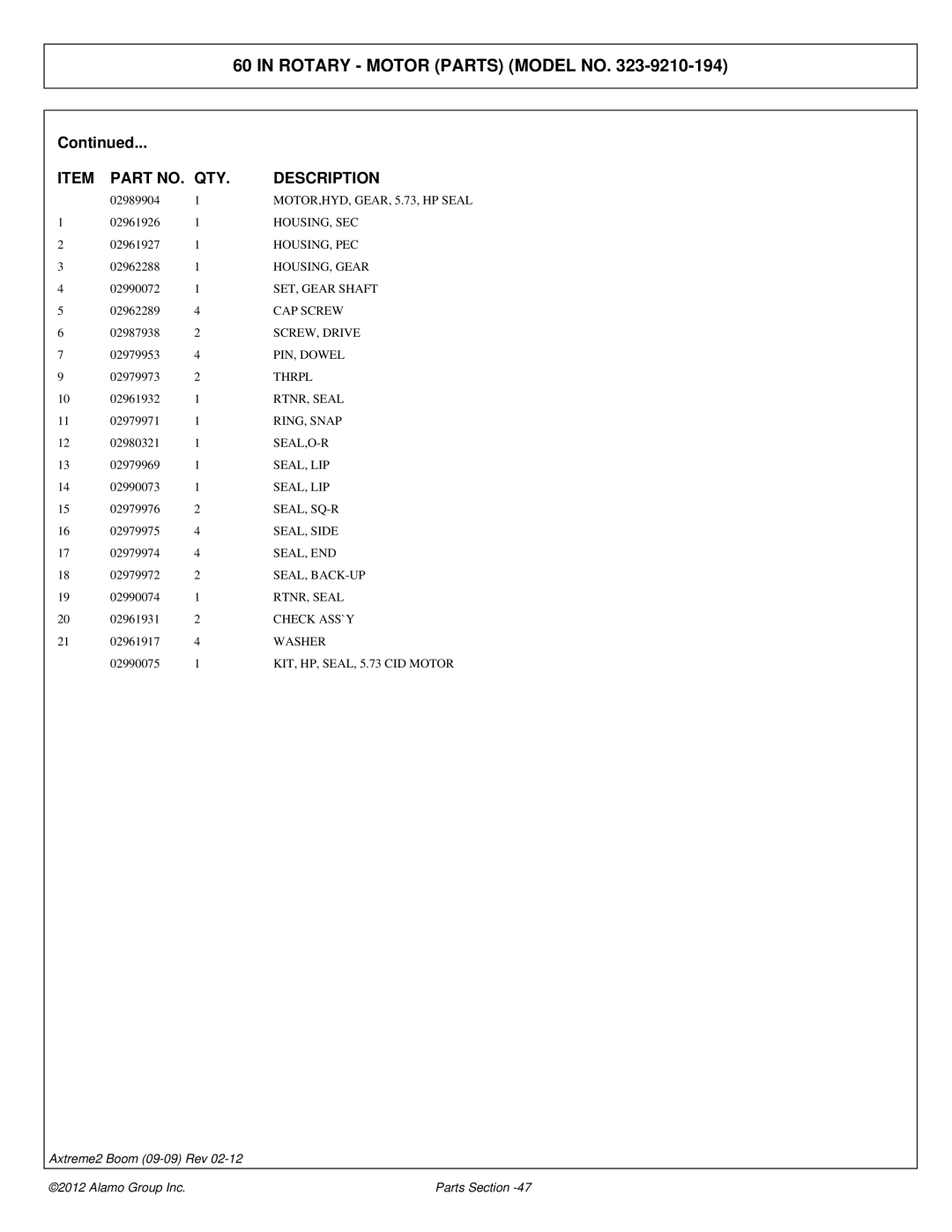 Alamo 02988075P Housing, Sec, Housing, Pec, HOUSING, Gear, SET, Gear Shaft, CAP Screw, SCREW, Drive, PIN, Dowel, Thrpl 