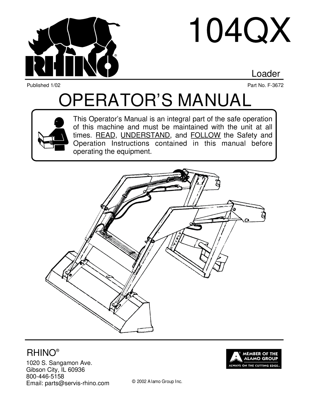 Alamo 104QX manual Published 1/02 Part No. F-3672 