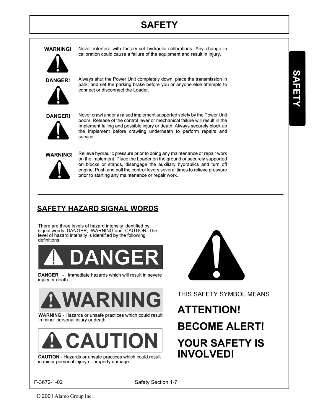 Alamo 104QX manual SAFETYdefinitions. Hazard Signal Words 