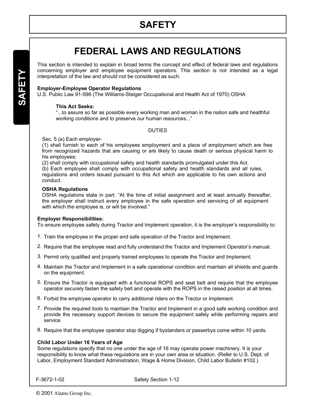 Alamo 104QX manual Safety Federal Laws and Regulations 