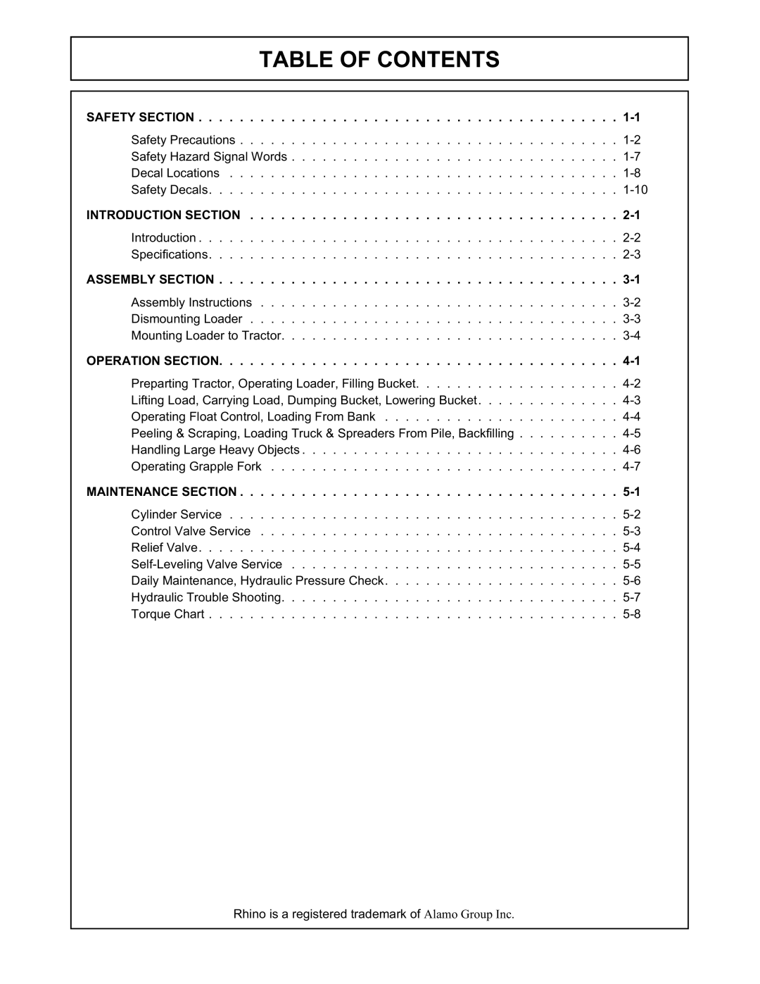 Alamo 104QX manual Table of Contents 