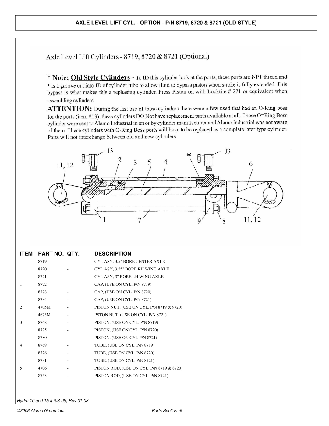 Alamo 15 manual Axle Level Lift CYL. Option P/N 8719, 8720 & 8721 OLD Style 