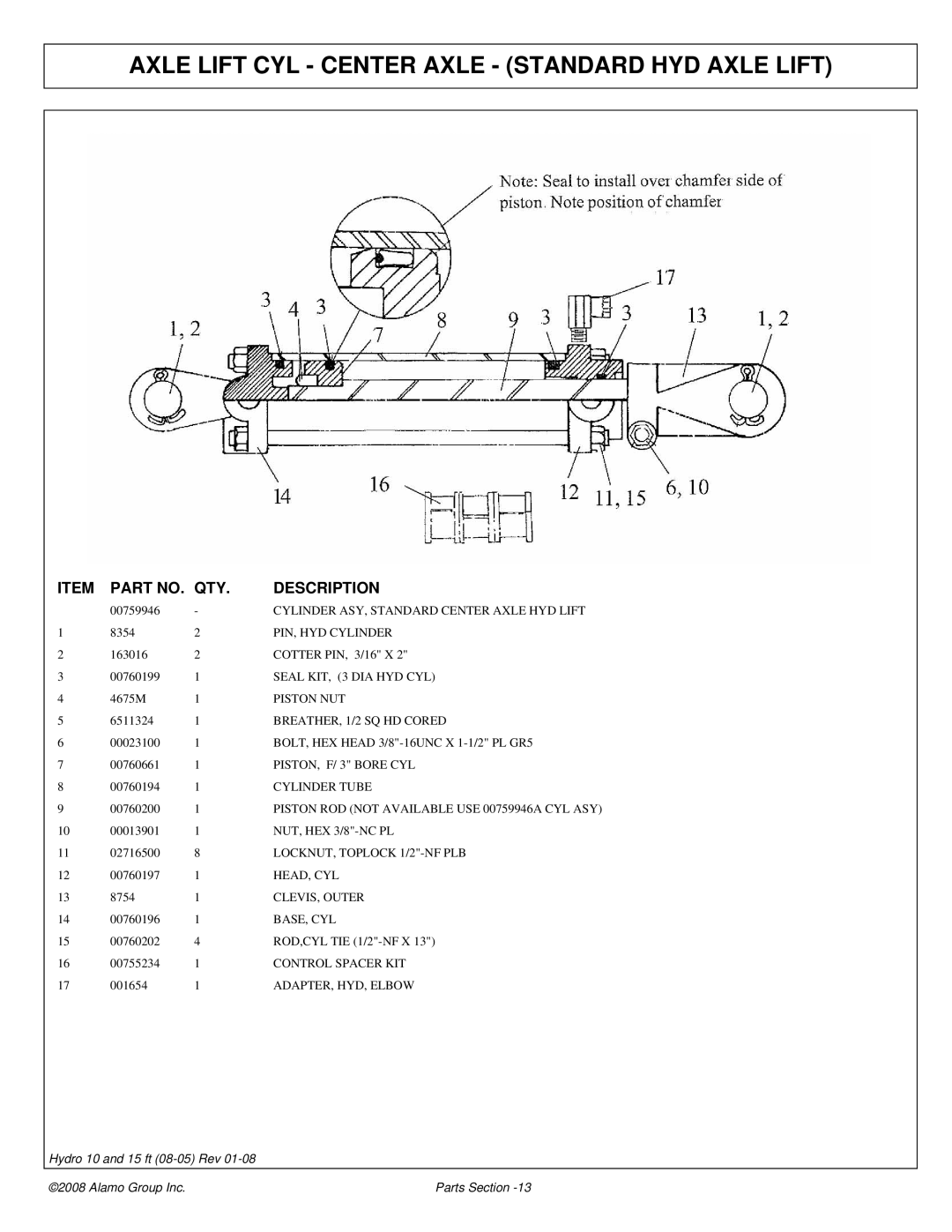 Alamo 15 manual Axle Lift CYL Center Axle Standard HYD Axle Lift, Cylinder Tube 